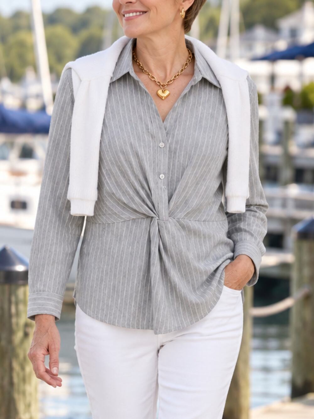 IDEM DITTO Blue Pinstripe Twist Front Blouse S NWT | Work to Weekend Top